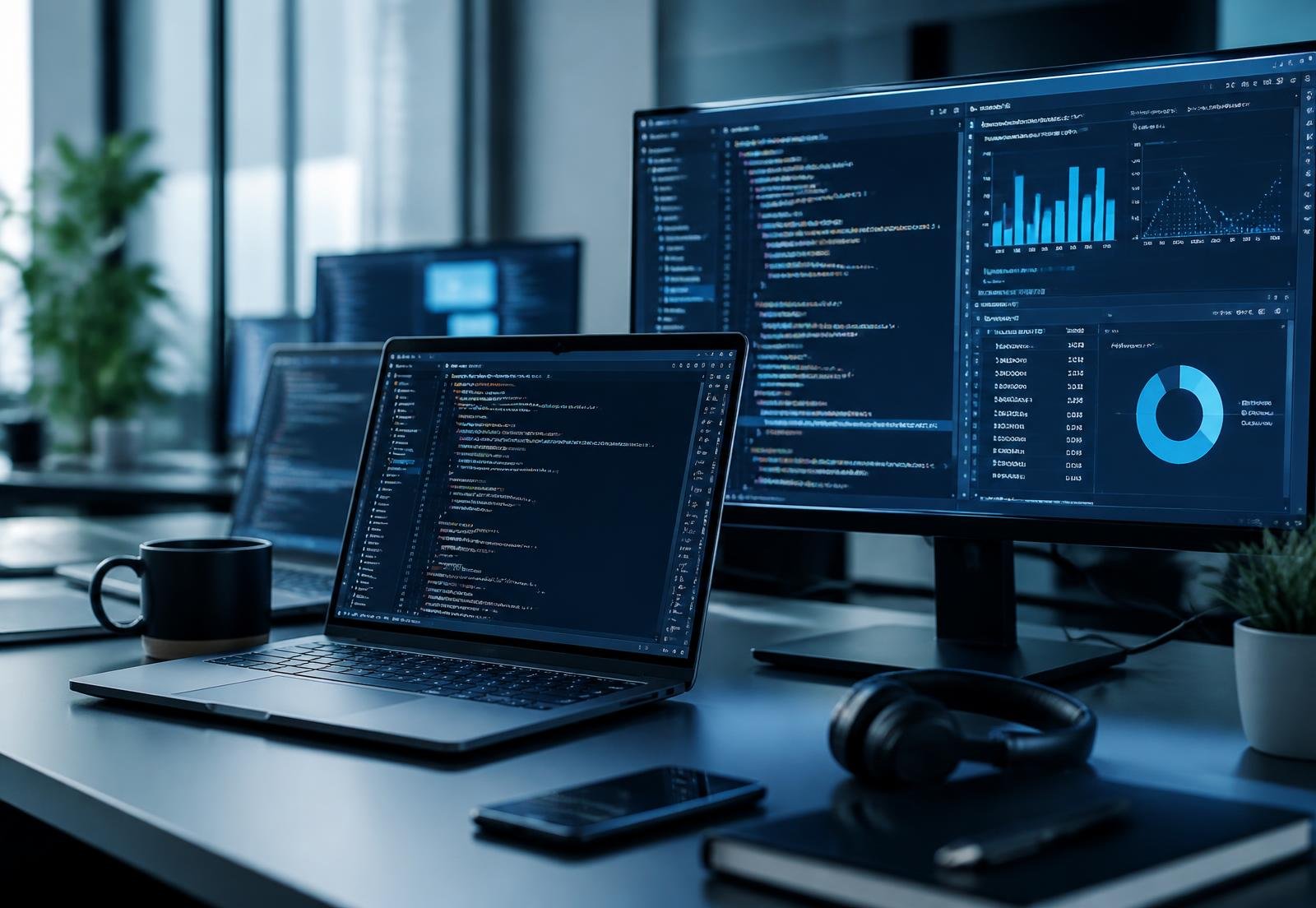 Estación de trabajo empresarial con equipos de cómputo mostrando código y tableros de información